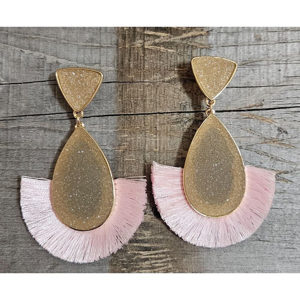 Sugarfix by BaubleBar Statement Dangle Earrings Druzy Teardrop Fringe Pink Gold